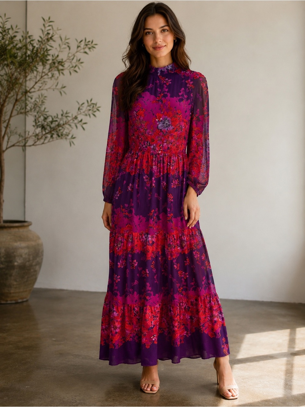 Maison Tara sz 12 purple, pink, and red tiered long sleeve floral maxi dress
